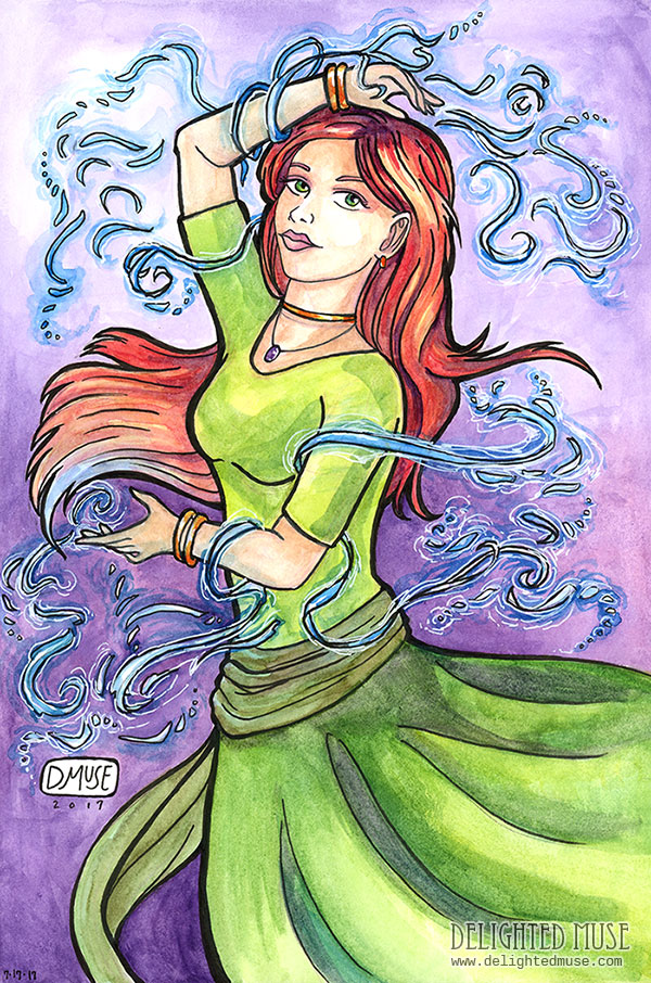 A watercolor painting of a redheaded woman in a simple green dress. She has flowing blue designs around her.