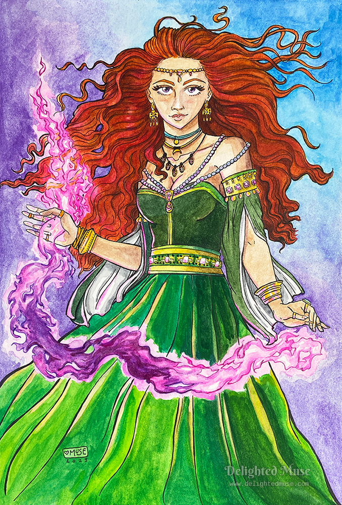 A watercolor painting of a woman with curly red orange hair, and wearing in a flowing green dress. There are more details of jewelry and layered clothing. She is conjuring purple flowing magic waving between her two hands.