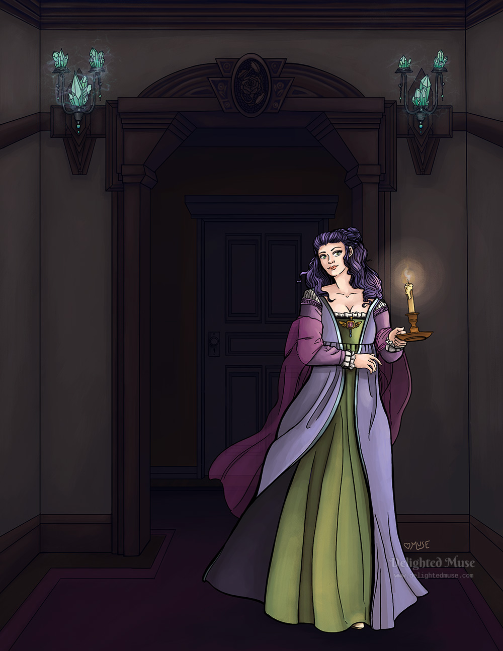 Digital painting of a woman walking through a dark hallway, with decorative woodworking around the door lintel. Strange crystals give off a light on either side of the door. The woman is wearing a bright green and purple dressing gown, and holding a lit candle in a holder.
