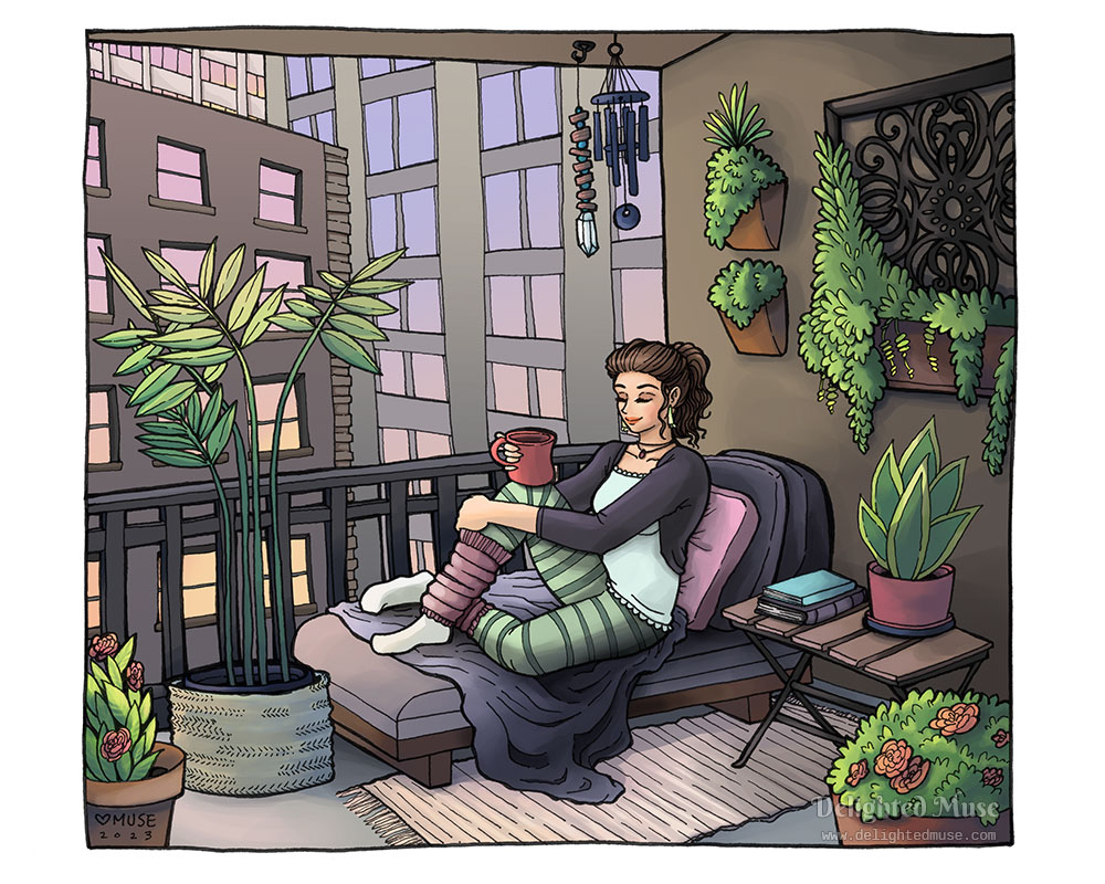 A digital painting of a woman relaxing on a lounge chair on an apartment balcony. There are many plants in planters around her and on the wall. She is holding a cup of coffee, her eyes are closed in a relaxed emotion, and the sun in rising on the city high rise buildings in the background. The paintings style is heavier ink contour lines and a soft cell shading.