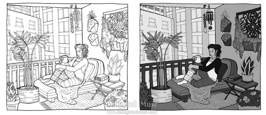 Two work in progress stages of the Cozy Morning Coffee digital painting. The first stage shows scanned ink lines on a white background. The second stage shows each area filed in with a gray scale value to establish tone.