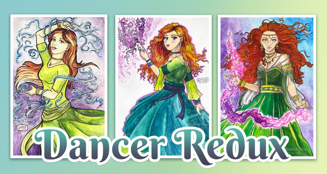 A collage of three watercolor paintings, all three featuring a redheaded mage in a green dress, holding magical energy.