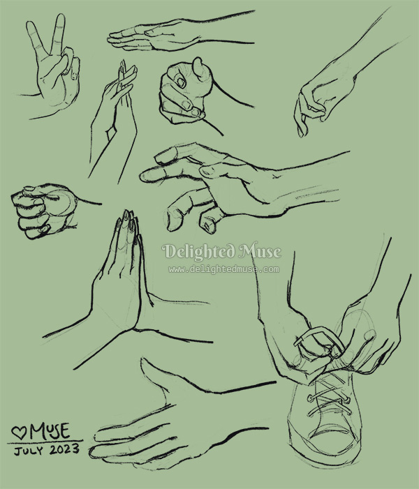 Sketches of hands in black digital pencil brush on light green background. The hands are in different gestures of reaching or relaxed poses. One pose is of someone tying tennis shoes.