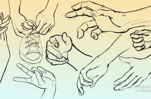 Sketches of hands in black digital pencil brush on an orange and light teal gradient background. The hands are in different gestures of reaching or relaxed poses. One pose is of someone tying tennis shoes.