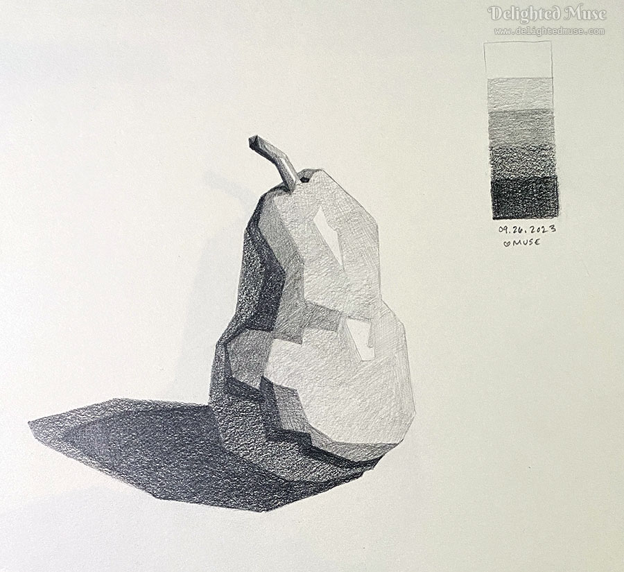 A drawing of a pear, with simplified hard edges and shapes. A value scale is drawn to the right.