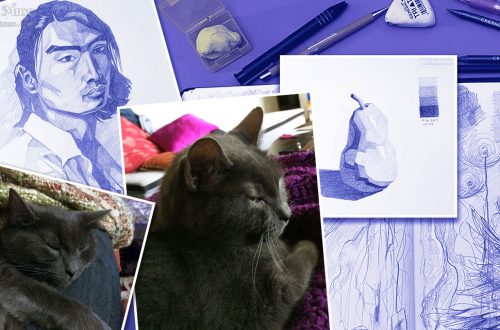 A college of pencil drawings, with pencils and erasers on a table in the background. On top are two color photos of my gray cat Kimmie.