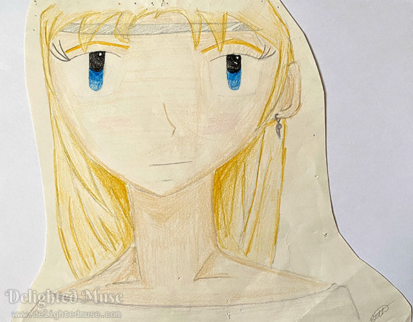 Photo of an old drawing of a blond anime character. The paper is wrinkled and yellowed with age, the edges of the drawing riddled with holes from pushp ins.