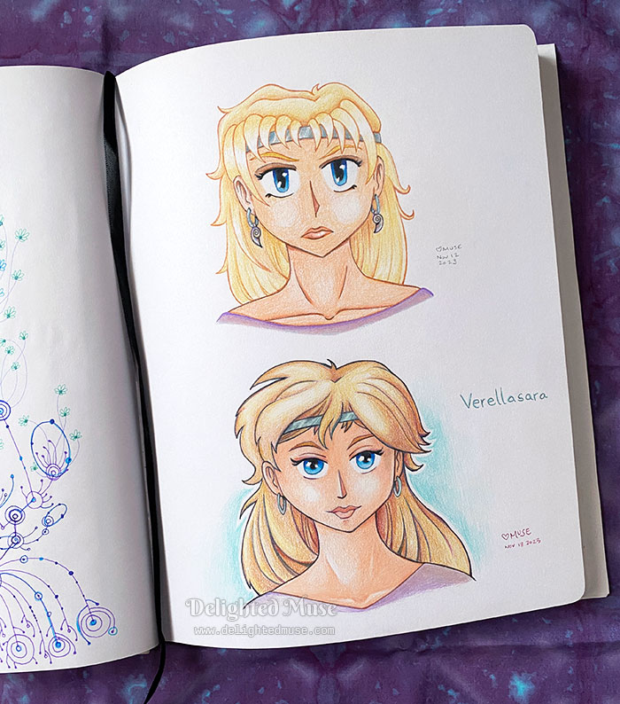 A photo of an open sketchbook, showing a page with two styled cartoon drawings. Both are variations of a blonde woman with a silver circlet on her head.