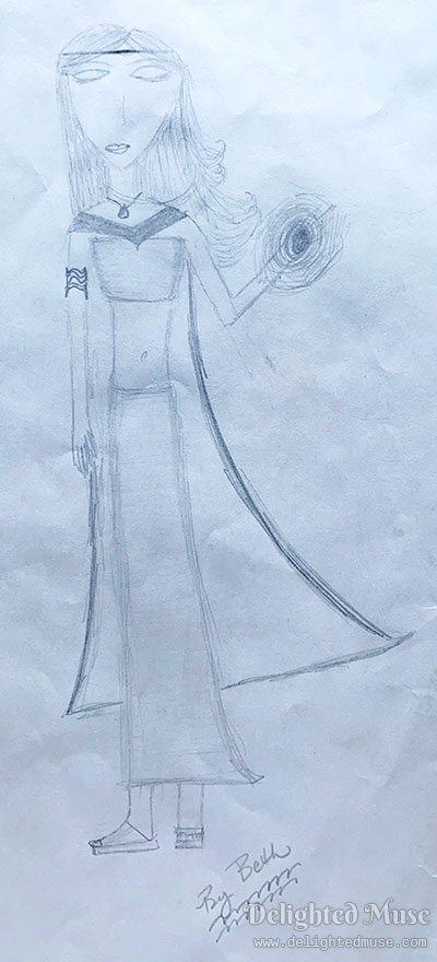 A very simple drawing of a feminine mage character holding glowing magic in her left hand.