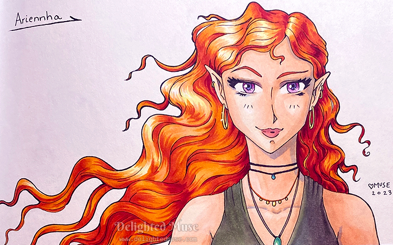 A Copic marker drawing of my original character Ariennha, an elven woman with curly red hair and violet eyes. She is wearing multiple necklaces and a gray green tank top.