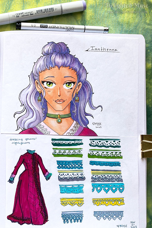 A sketchbook page with a stylized character with purple wavy hair, wearing a lace collared dress, gemstone earrings, and a green ribbon choker necklace with a light green gem.