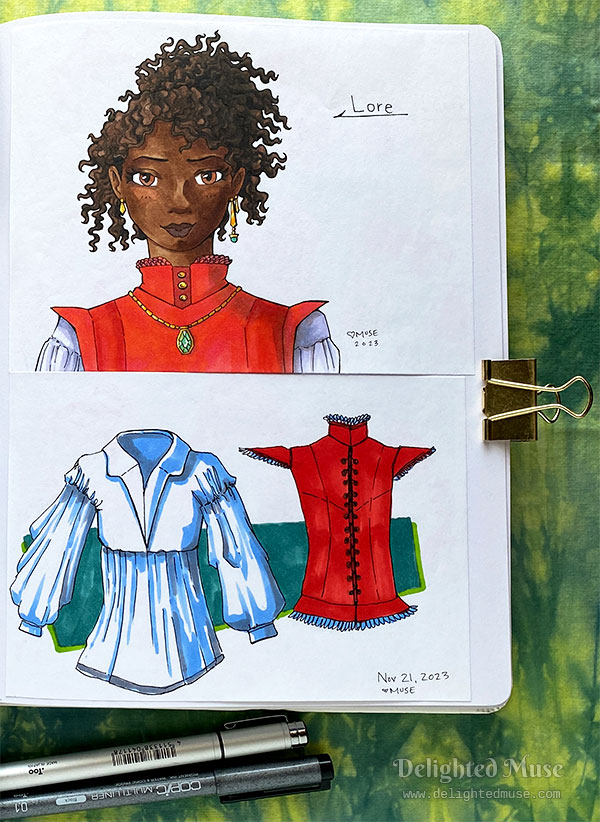 A photo of an open sketchbook page with a character drawing of a black woman with her curly hair in a bun. She is wearing asymmetrical earrings, a red doublet, white dress shirt, and green gemstone necklace. Below the character is is a study of the red doublet and dress shirt costume.