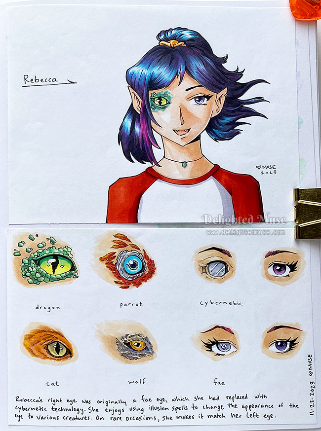 A drawing of my OC rebecca, a manga style drawing of a woman with blue iridescent hair and a right dragon eye, wearing a red and white raglan shirt. On the lower half of that page are different eye designs of in the style of dragon, parrot, cybernetic, cat, wolf, fae, and human. A note on the bottom of the page states: Rebecca's right eye was originally a fae eye, which she had replaced with cybernetic technology. She enjoys illusion spells to change the appearance of the eye to various creatures. On rare occasions, she makes it match her left eye.