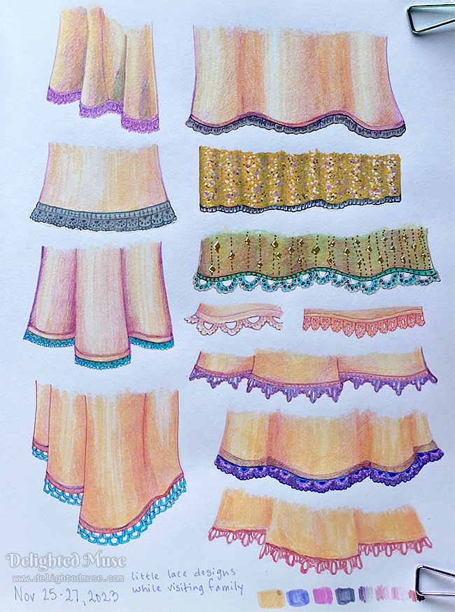 A sketchbook page of wavy, peach colored cloth, with lace trim on the bottom edge.