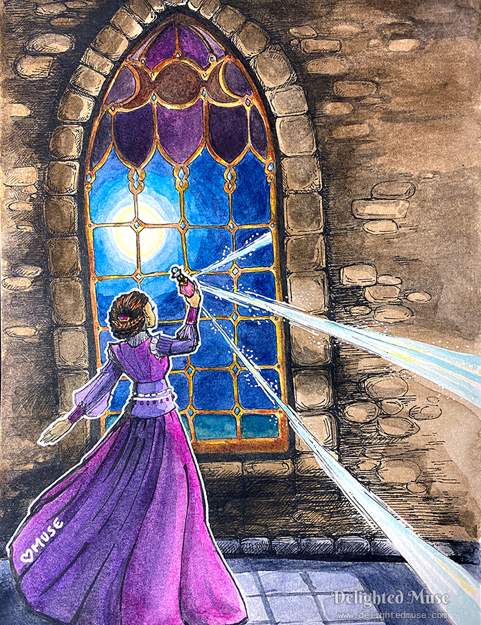 A watercolor painting of a woman in a pink dress. Her back is to the viewer, her hair in an updo with braids. She is raising a potion bottle to a decorative arched window. The window has a triple moon stain glass design on top. Behind is the night sky and a full moon. Moonbeams emanate from the potion bottle.