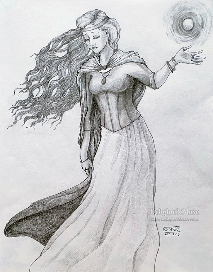 A pencil sketch of a woman with long wavy hair, wearing a cloak, dress, and corset. She has a plain circlet on her brow. She is holding a sphere of magic above her left hand as she looks sadly at the ground with eyes closed.