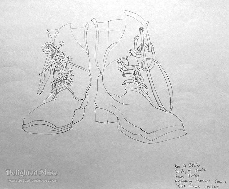 A simple line drawing of a pair of boots. Notes in the margin state is a CSI line exercise from the Proko Drawing Basics course. Dated December 16, 2023.