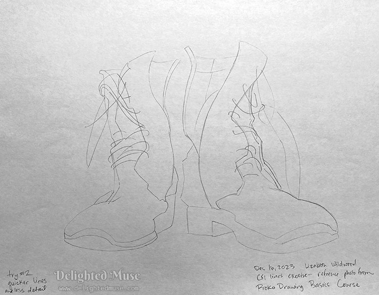 A simple line drawing of a pair of boots, with the lines very gestural and less detailed. Notes in the margin state is a CSI line exercise from the Proko Drawing Basics course, and that I was trying to be quicker with lines and less detailed. Dated December 16, 2023 and signed Lizabeth Wildwood.