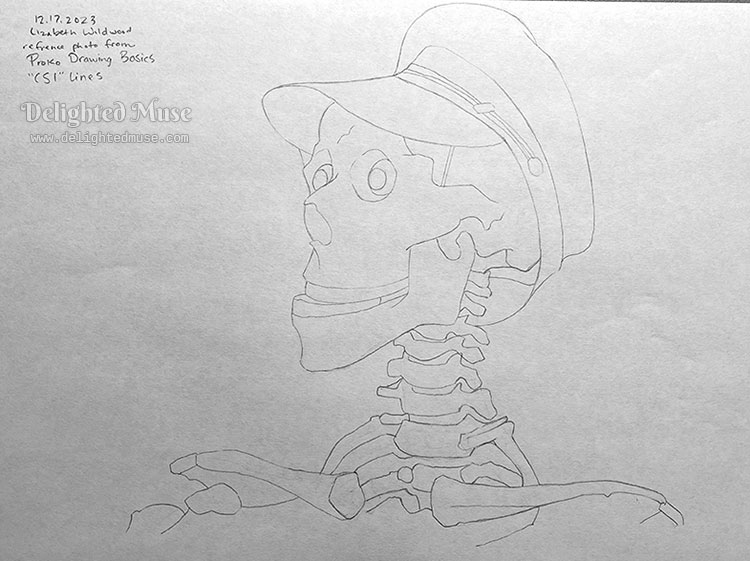 A simple line drawing of a skeleton wearing a hat. Notes in the margin of the drawing state the reference photo is from Proko Drawing Basics Course CSI Lines. Dated Dec 17, 2023 and signed Lizabeth Wildwood.