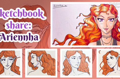 Blog post thumbnail showing a collage of five drawings of my original character Ariennha. They are quick sketches showing an elven woman with curly red hair.