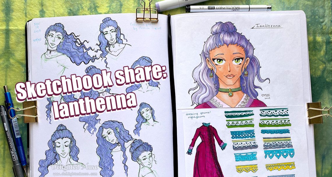 Photo of an open sketchbook, showing a page of gestural ink sketches of a woman with long, wavy, purple hair. On the opposite page is a Copic marker drawing of the same character facing forward; she is wearing jeweled earrings and a necklace. Below that are sketches of little sections of lace designs and a dressing gown design.