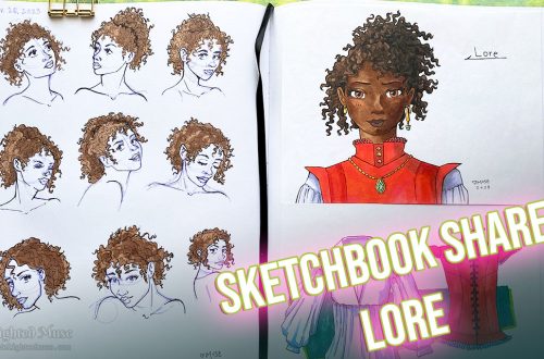 A photo of an open sketchbook showing a page on the left with multiple face studies of my original character Lore. On the right page is a larger Copic marker drawing of the character in a red doublet. Text on top of the image says Sketchbook Share: Lore.