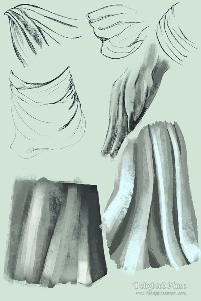 Digital sketches of cloth folds in rough, textured brushes.