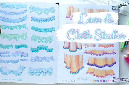 Image of an open sketchbook showing lace designs on either side of the page, drawn in pastel fine liners and markers. Cursive text on top of the image reads: Lace & Cloth Studies. To the right of the sketchbook on the table in a ribbon of lace, a few pens, and a pink mechanical pencil.