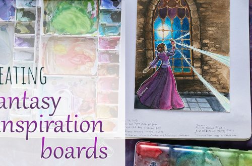 Photo of a sketchbook, showing a watercolor painting of a woman in a dark pink dress. She is holding a potion up to a window showing the full moon outside. Rays of moonlight emanate from the potion. Next to the sketchbook are two paintbrushes and a watercolor tin. On top of the opposite page of the painting is a plastic palette filled with various colors of watercolor paints. Text overlaying the image states: Creating fantasy inspiration boards