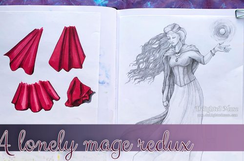 A photo of an open sketchbook. On the left page are cloth studies in red marker. On the right page is a pencil sketch of a long haired sorceress looking forlorn.