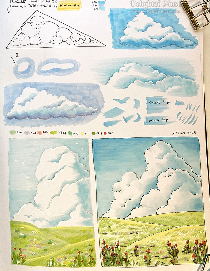 Photo of a sketchbook page with cloud studies, following instructions for a YouTube tutorial by Aimain Art. The cloud and hilly landscape was copied after the tutorial.