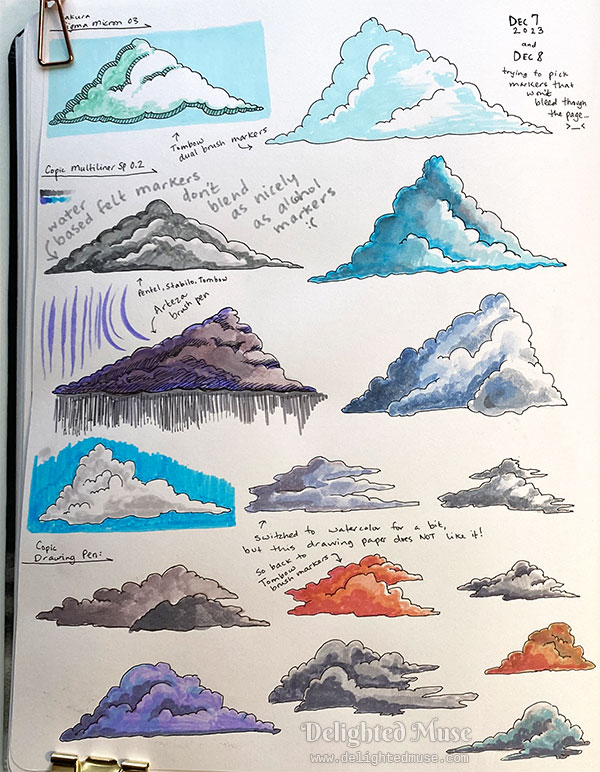 Photo of a sketchbook page showing simple cloud shapes in marker and ink.