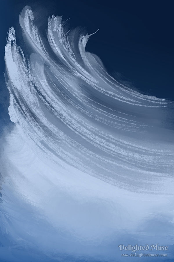 A digital painting of cirrus clouds in a dark blue sky, moving down and to the right.