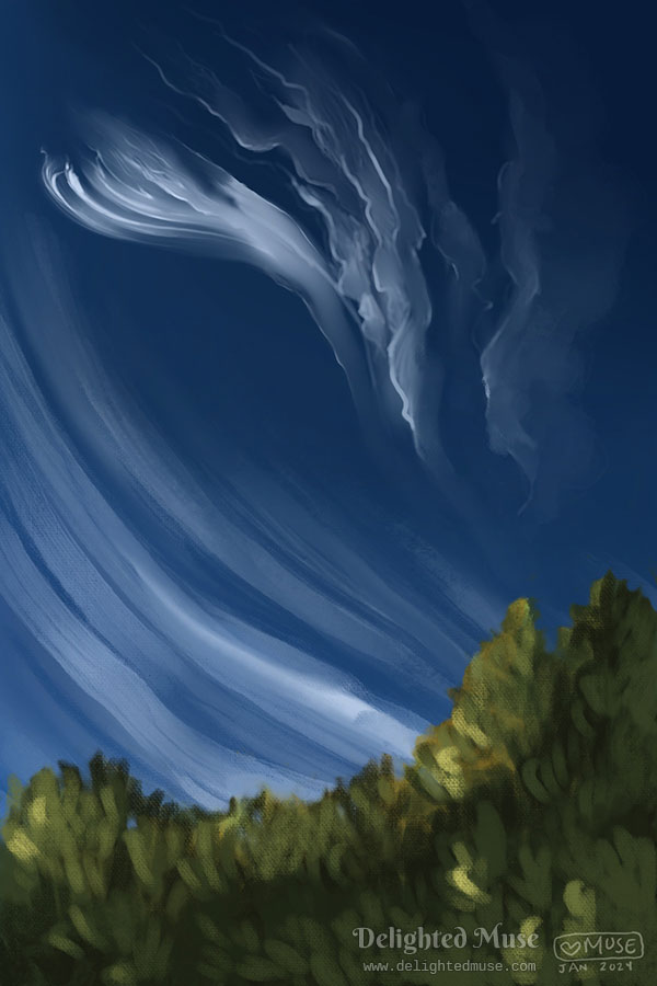 A digital painting of cirrus clouds against a very dark blue sky. They are pulling down towards the horizon. In the foreground is the impression of a tree line in painterly brush strokes.