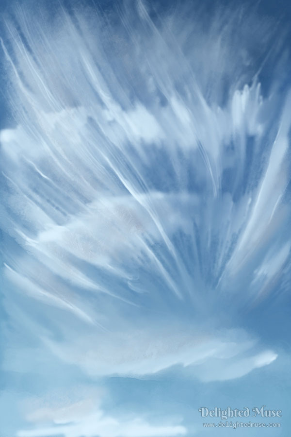 A digital painting of cirrus clouds in a light blue sky. They are very wispy and transparent, with larger groupings of clouds making horizontal bands.