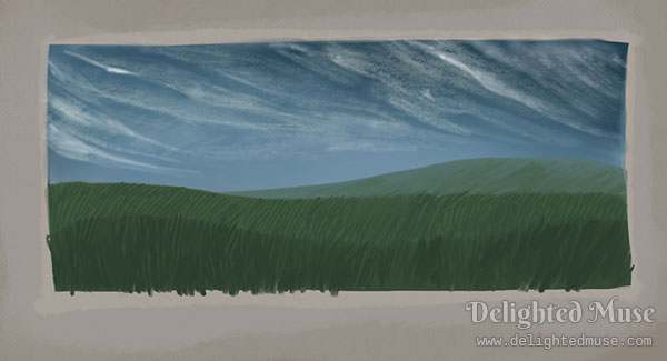 A simplified landscape digital painting, showing grassy hills in three waves. In the dark grey-blue sky are wispy cirrus clouds painted with rough brush strokes.