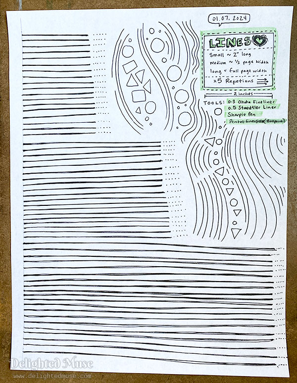 A photo of a sheet of copy paper with straight lines drawn all over it for the purposes of drill practice. A third of the lines are 2 inches long, another third half the width of the paper, and the last third almost the full width of the paper. In the free spaces re various arcing lines and simple circles, triangles, and squares. The drawing is dated Jan 7, 2024.
