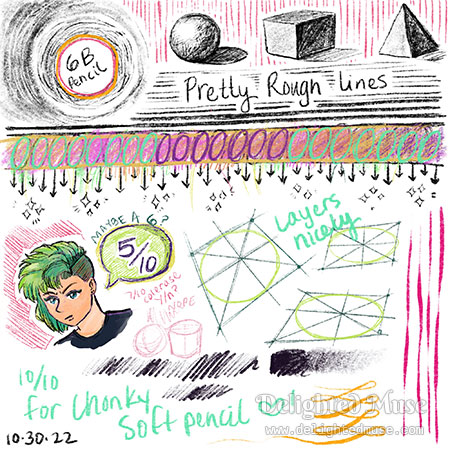 A digital sketch of various doodles in the Procreate 6B pencil brush. There is a sketch of a person with green spiky hair and an undercut. Various arrows, ellipses, sparkles, and marks. In text the drawing states: 10/10 for chonky soft pencil. Layers nicely. Pretty rough lines." The drawing is dated Oct 30, 2022.
