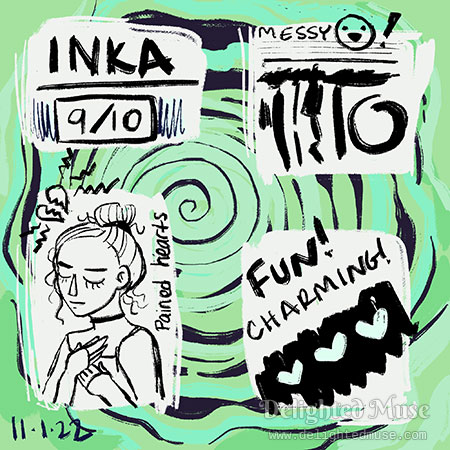 A digital sketch of various doodles in the Procreate Inka brush. there is a black spiral swirl on top a bright green background, hearts, various marks, and a sketch of a stylized girl with a bun hairdo, her eyes closed. Text on the drawing states: "9/10, messy, pained hearts, fun! Charming!" The drawing is dated Nov 1 2022.