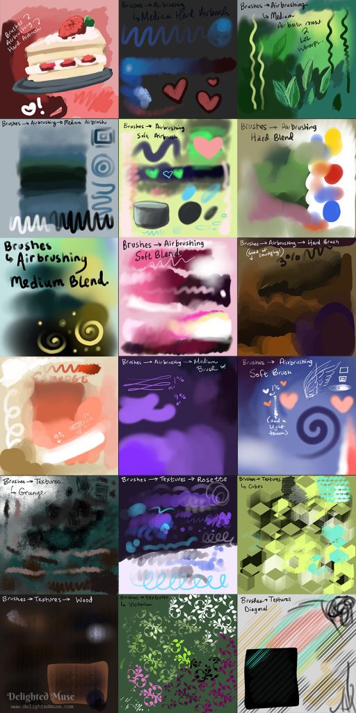 A collage of 18 squares showing mark making of different default brushes in Procreate.
