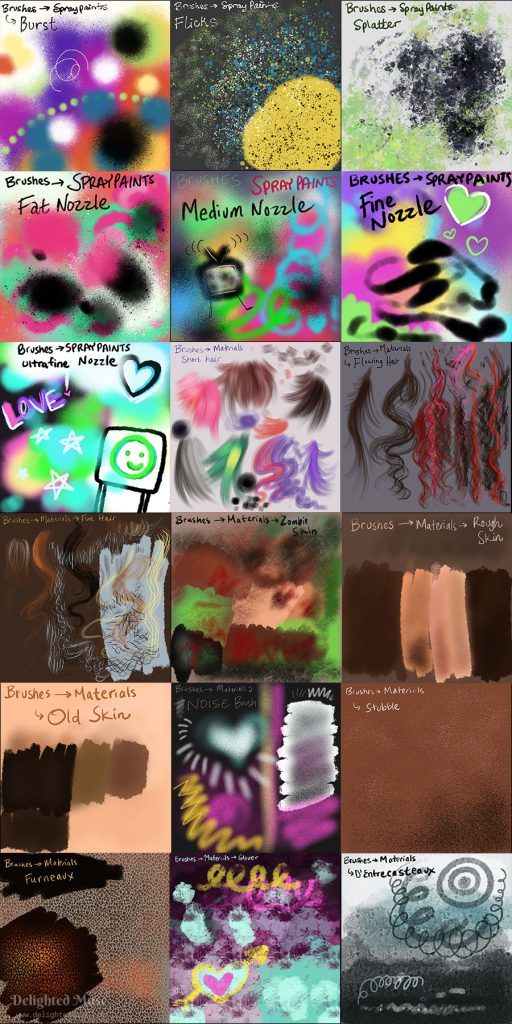 A collage of 18 squares showing mark making of different default brushes in Procreate.