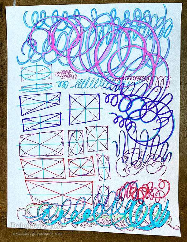 A sheet of drawing drills. Some are boxes with ellipses. Most are curving arcs of highlighter marks, that are then inked in an outline.