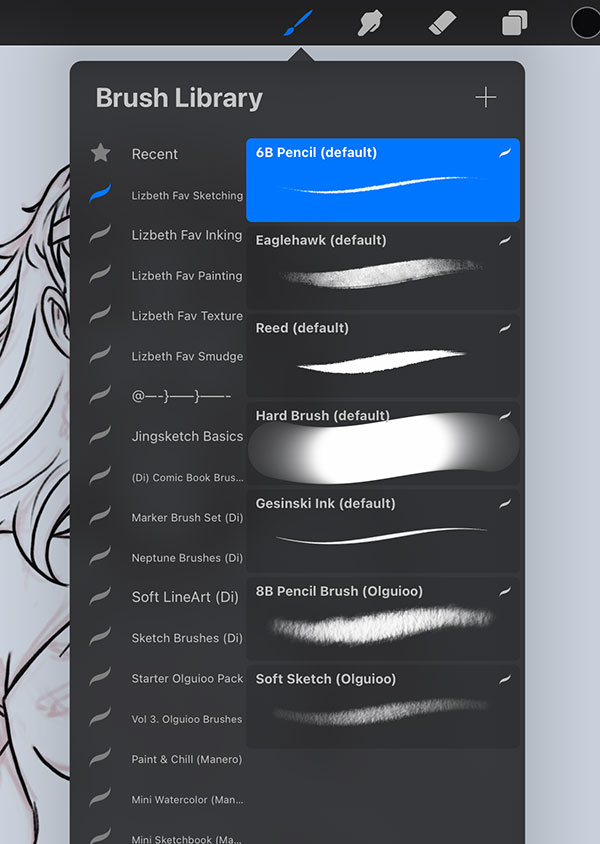 A screenshot of Procreate, with the brush tool menu open. It shows a brush library with custom sets for Lizbeth Fav Sketching, inking, painting, texture, and smudge.