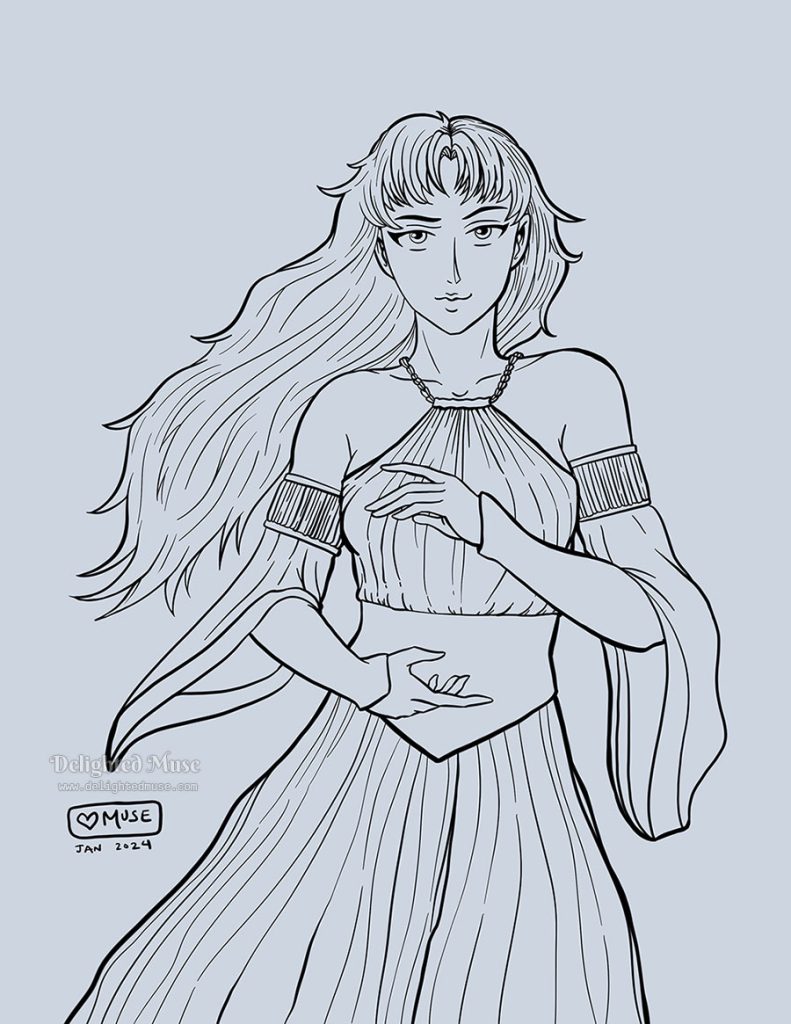 Line art character sketch of a woman with long wavy hair, drawing in a manga style. She is wearing a longs dress with many folds, tied at the neck with rope. Long sleeve arm cuffs give the dress a fantasy flavor. She is holding her palms one above the other, as if getting ready to cast a spell, and she is smirking with an eyebrow slightly raised.