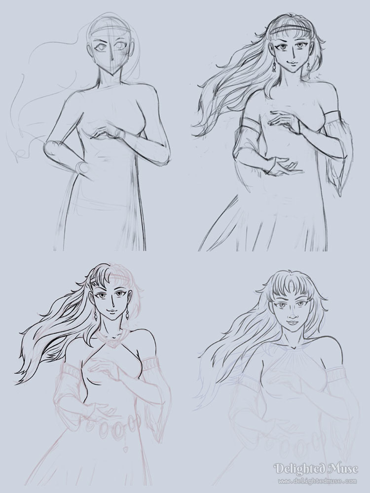 A collage of four work in progress sketches. The lines are messy, and the under sketch layers have a lower opacity.