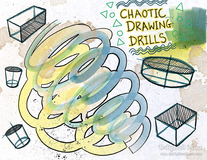 A digital painting of looping marker-brush spirals, then outlined in a black ink brush. Cylinders and boxes are draw on the edges. The digital drawing has been distressed with texture brushes to give it a rough look. Text on top of the drawing states: chaotic drawing drills.