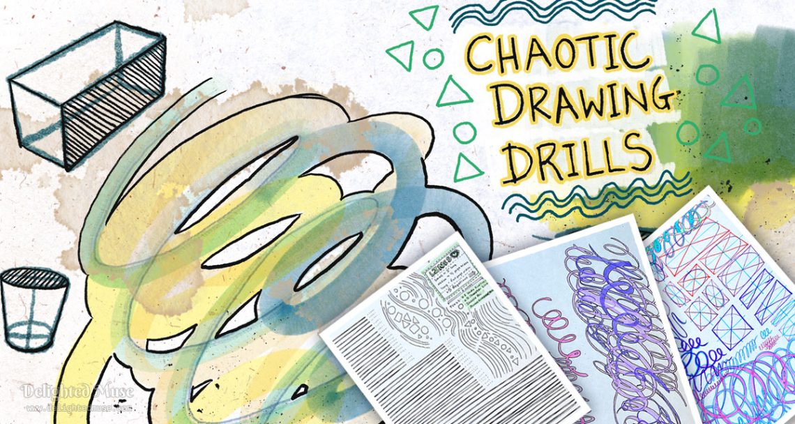 A featured image collage, showing various looping marks and drawing drills to practice line work. The background is digital, and on top are three photos of copy paper sheets with various drawing drill marks. Text top top states: Chaotic Drawing Drills.