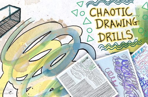 A featured image collage, showing various looping marks and drawing drills to practice line work. The background is digital, and on top are three photos of copy paper sheets with various drawing drill marks. Text top top states: Chaotic Drawing Drills.