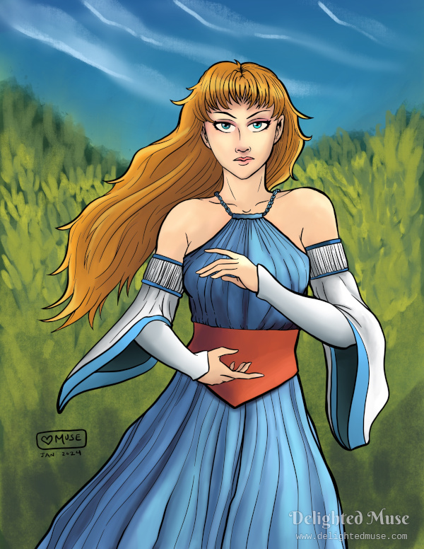 A digital painting of a stylized female mage character, holding her hands together as if casting a spell. She is pale skinned, with gold hair and blue eyes, and is wearing a blue dress with white sleeves and a wide red belt.