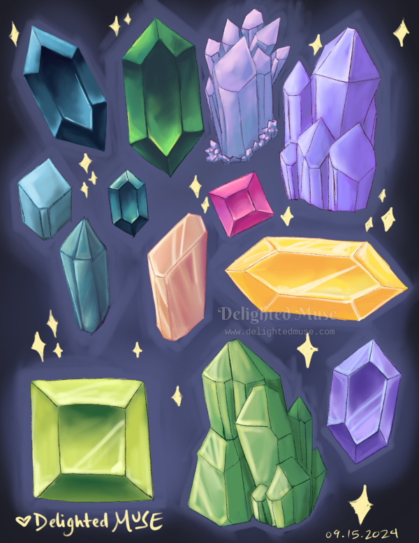 A digital painting of colorful crystals and gems, surrounded by sparkles.